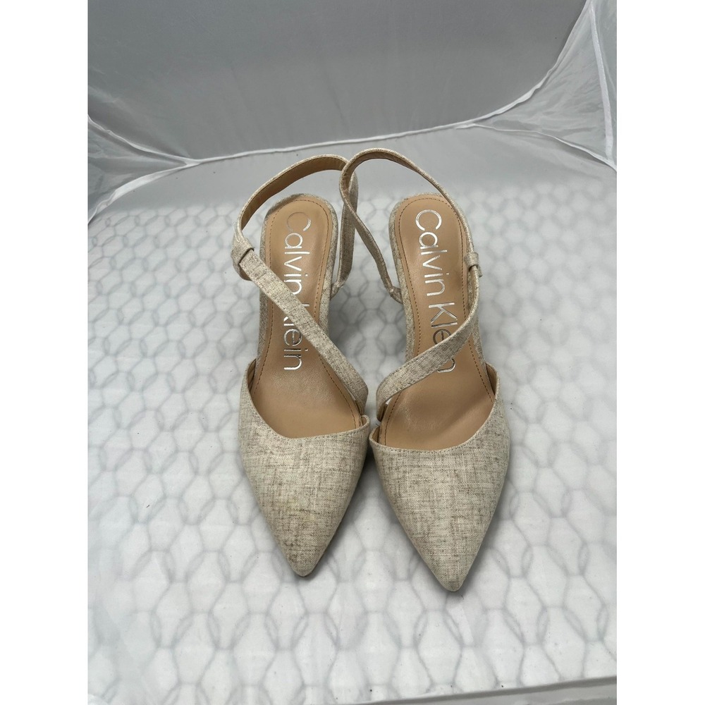 Calvin Klein Greer Women 9M Slingback Pump Beige Linen Pointed Toe Stiletto Heel